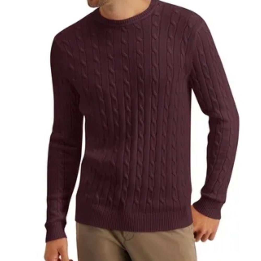 NWT Club Room Cable Knit Sweater Mens Large Maroon Burgundy 100% Cotton Crewneck